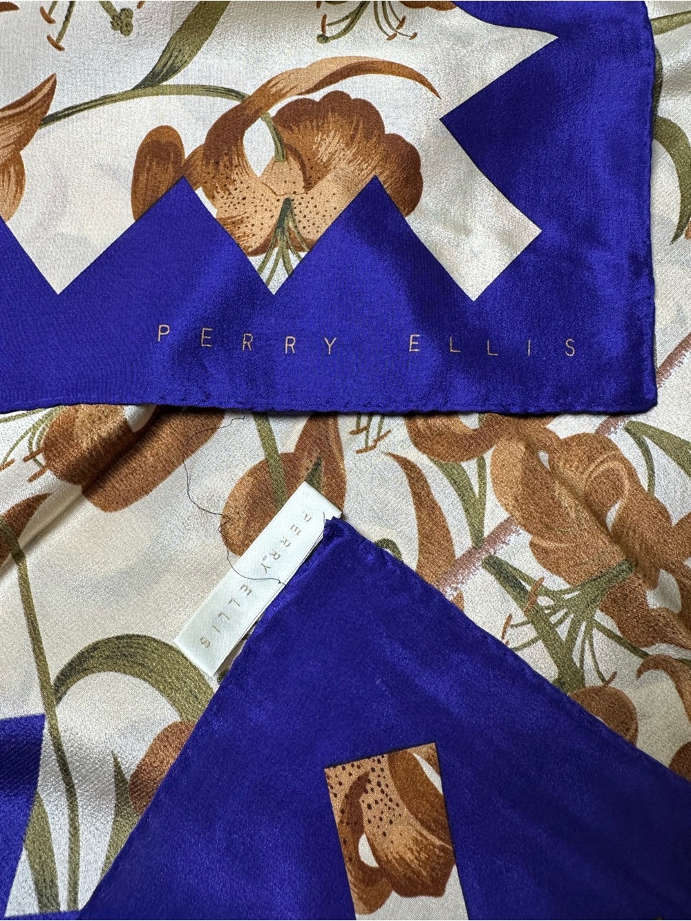 Perry Ellis Purple and Brown Floral 100% Silk Scarf